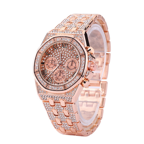 Cross-border foreign trade Gypsophila steel band with diamonds men's watch full of diamonds three eyes Roman numerals quartz watch