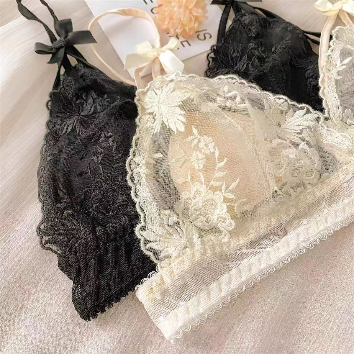 法式纯欲少女蕾丝花边内衣Bra女士薄款夏性感小胸聚拢无钢圈文胸-阿里巴巴