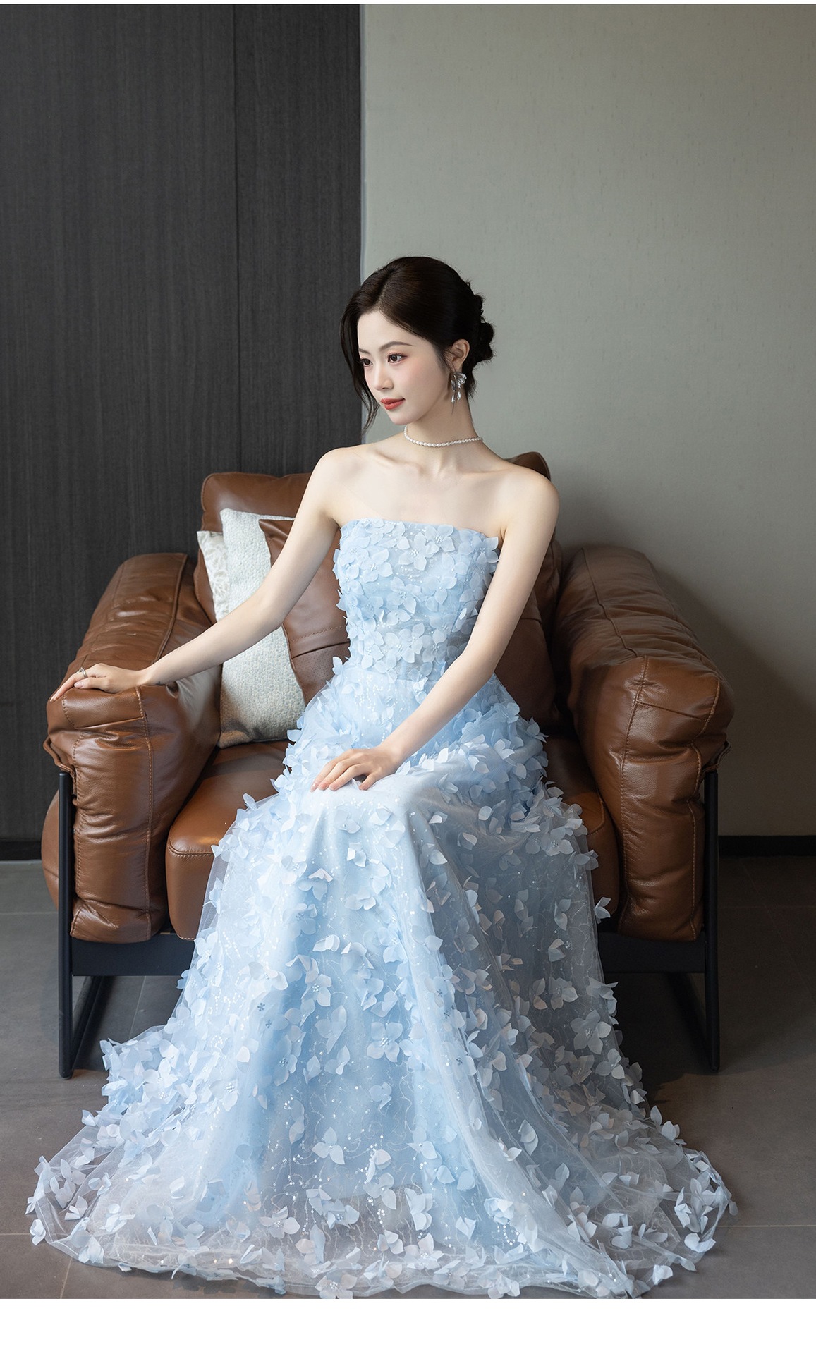 Đầm maxi nữ thắt eo dự tiệc cưới kiểu dáng thanh lịch — Xanh dương chi tiết 11