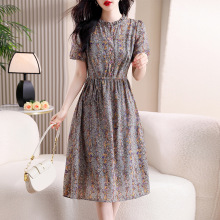 2025夏季短袖真丝雪纺印花花边领系带腰显瘦气质连衣裙中长