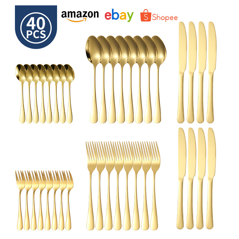 Cutlery juego de cutlery de acero inoxidable de 40 piezas juego de vajilla 1010 bistec de comida occidental de hotel dorado cuchillo y tenedor