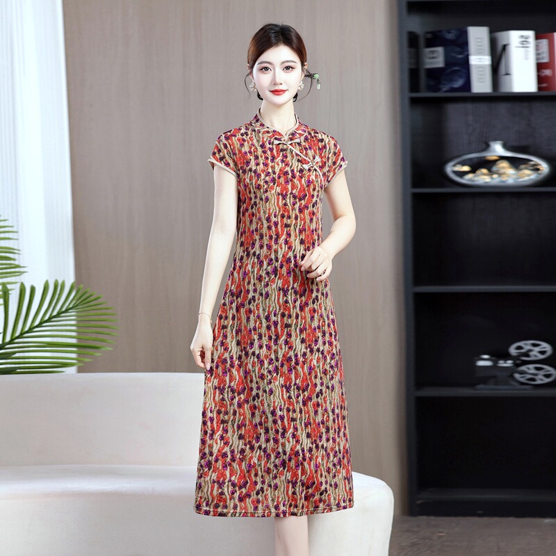 Stylish and Elegant Summer Dress, Lightweight Modified Cheongsam Dress, Fashionable Mother's Wear, Slimming Printed Mid-Length Dress for Women