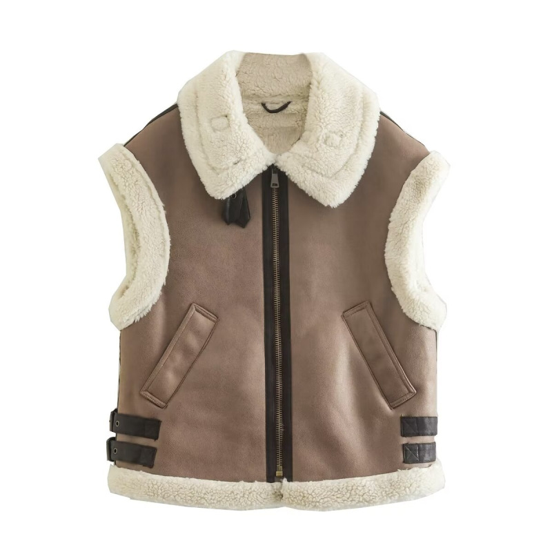 European and American Autumn and Winter New Style Fur Integrated Vest Jacket, Retro Lamb Wool Loose Zipper Suede Thickened Jacket