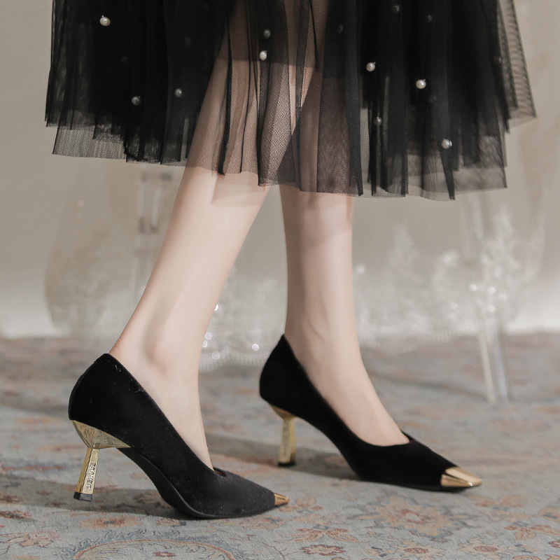 7169-2 black velvet banquet shoes women's French style metal iron toe urban white collar commuter professional stiletto heels