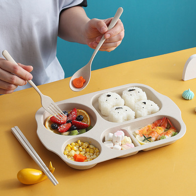 麦趣味小麦秸秆创意餐盘 学生分隔儿童盘叉勺筷辅食餐具套装