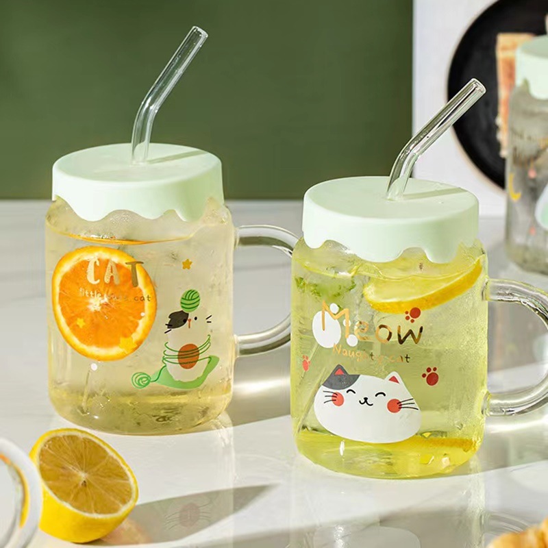 Taza de gato lindo creativo regalo personalizado taza de paja de vidrio taza de consumición fresca taza de dibujos animados de Corea