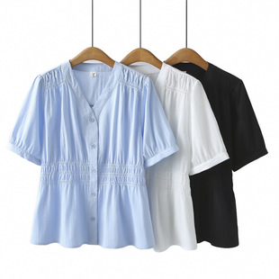 2025 Summer Pleated Waist Shirt Short-sleeved plus size Women's Slimming Cardigan V-neck Elegant Fat Girl Shirt All-match 506