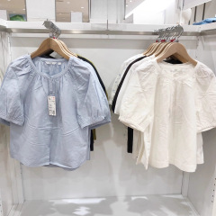 2025春夏新作婦人服麻混紡泡袖シャツ半袖レディースシャツタック上着475655