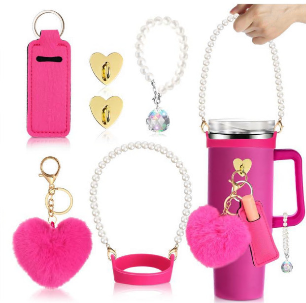 7pcs taza Stanley cuerda de mano colgante de silicona flor tapa de pajita bola de felpa colgante de copa cadena de taza de color