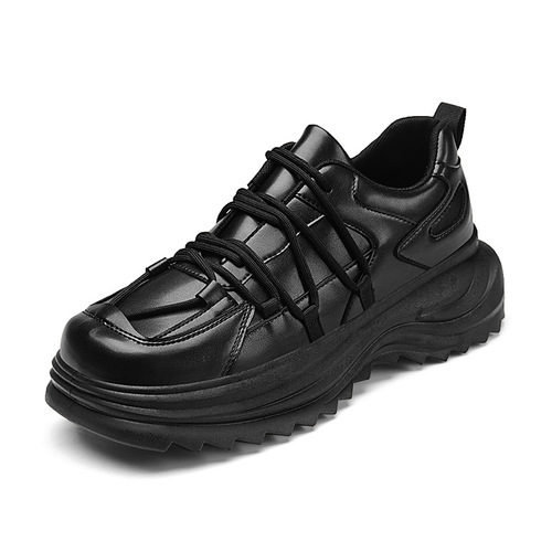 Men's Casual Thick-Heeled Leather-Look Fall Shoes with Thick Heel Increase, Low Top Laced Sporty Trendy Black Shoes