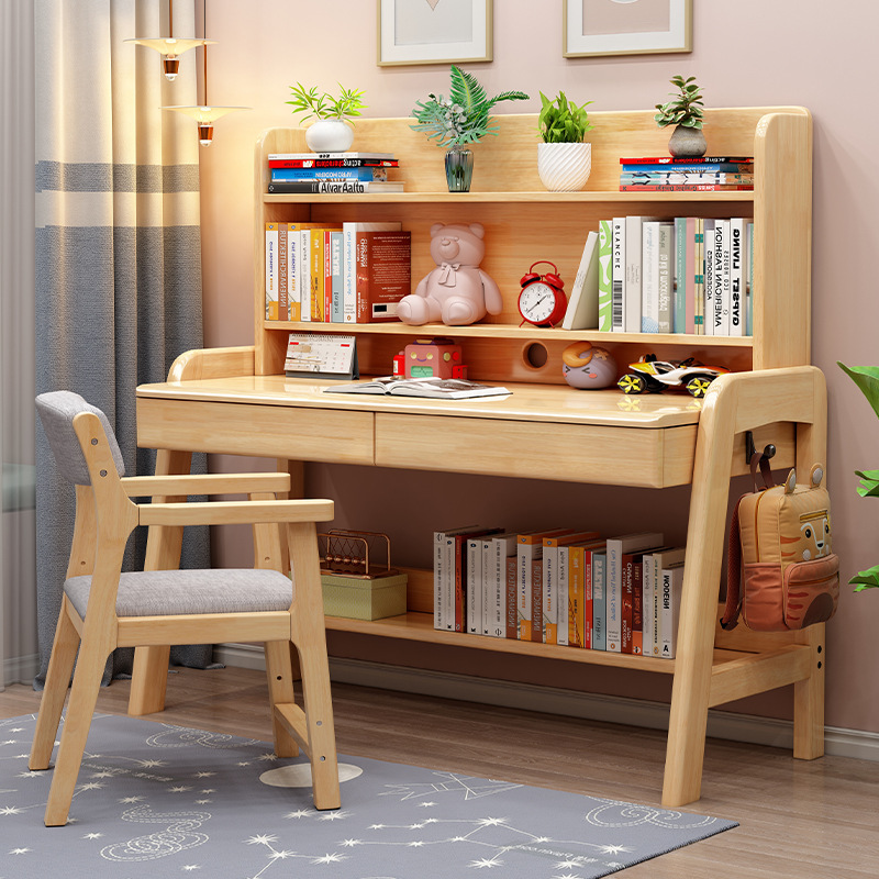 Solid wood desk bookshelf integrated simple home student homework special table bedroom lifting children study table