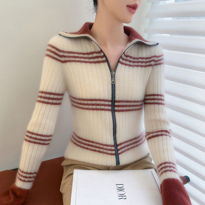 Polo Lapel Cashmere Cardigan Women's Slim Sweater Jacket Double-Ended Zipper Knitted Color Matching Stripe Bottoming Sweater