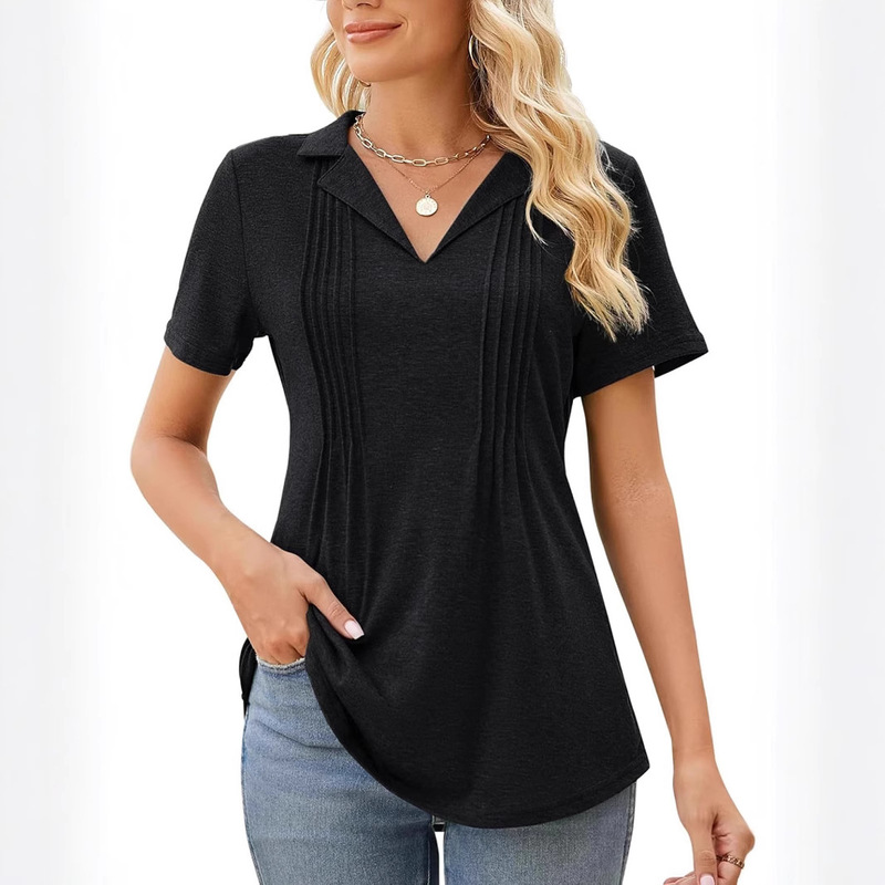 2025 V-Neck Puff Short-Sleeve Pleated T-Shirt Solid Color Top Loose Pleated Skims Skims Japanese and Korean Casual Style