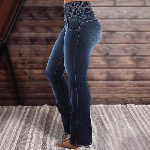 EU & US TEMU High-Waist Slimming, Stretchy Button-Front Women's Flared Denim Trousers