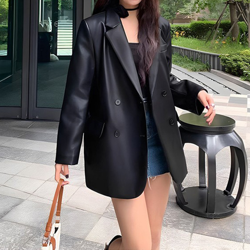 黑色复古皮衣皮西装外套女2025年春秋季设计感宽松休闲西服上衣|undefined