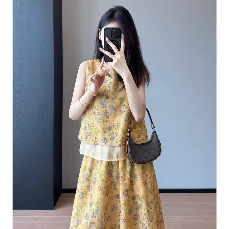 オーガンザ中国風新中国風明るい重工業刺繍中空ノースリーブベスト + スカートスーツ女性 L0616T|undefined
