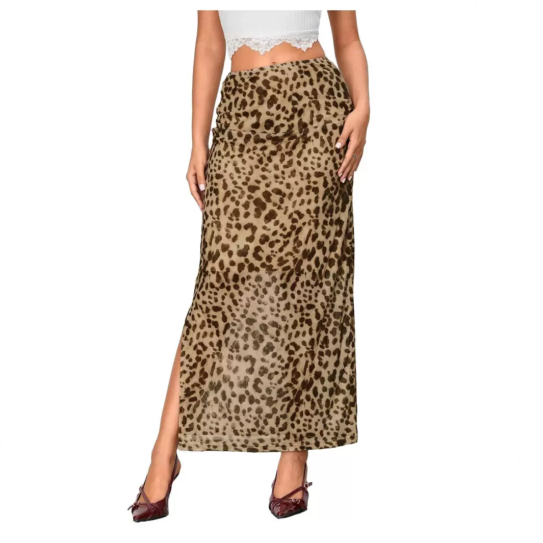 2025欧美亚马逊风跨境女装夏季新款压褶开叉豹纹印花高腰半身裙