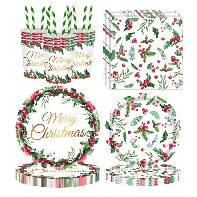 New Christmas Holly Theme Party Disposable Paper Plate Tissue Paper Cup Straw Holiday Party Decoration Set New Christmas Holly Theme Party Disposable Paper Plate Tissue Paper Cup Straw Holiday Party Decoration Set