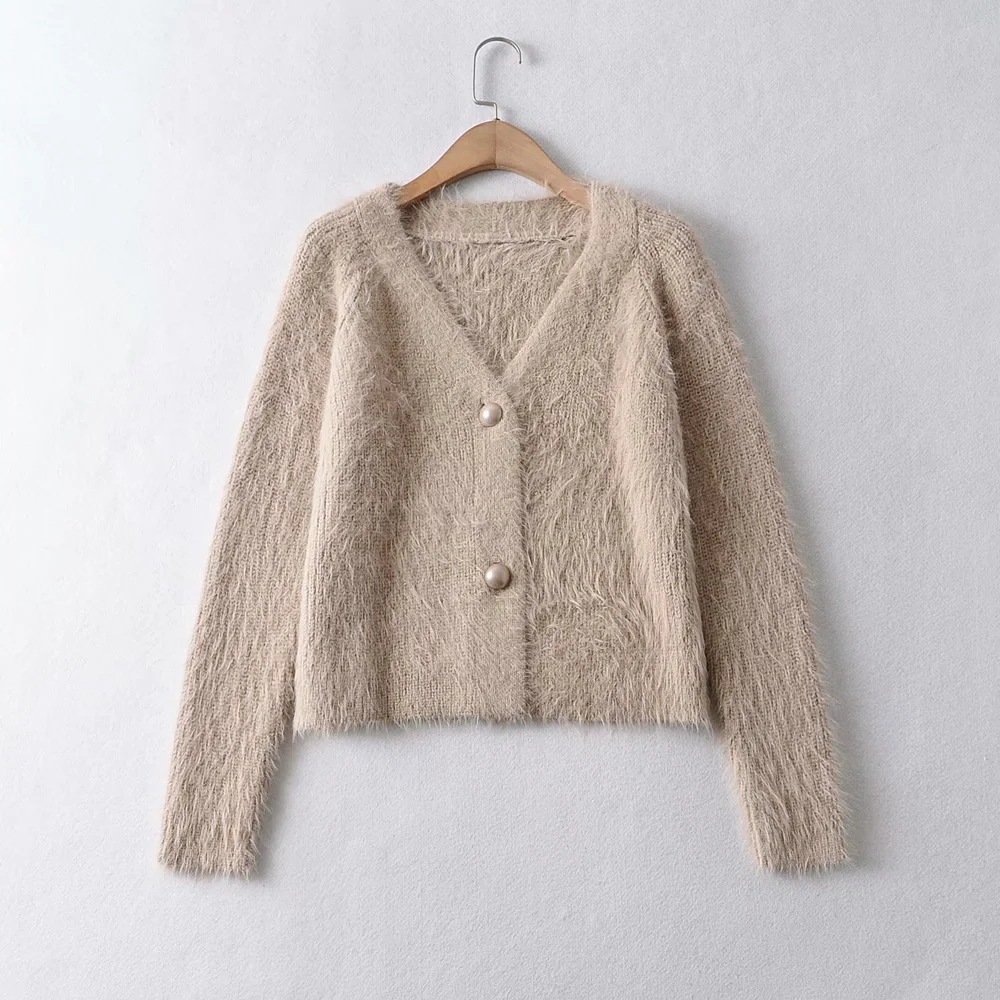 fashion V-neck two-button mohair loose knitted cardigan NSAC38401