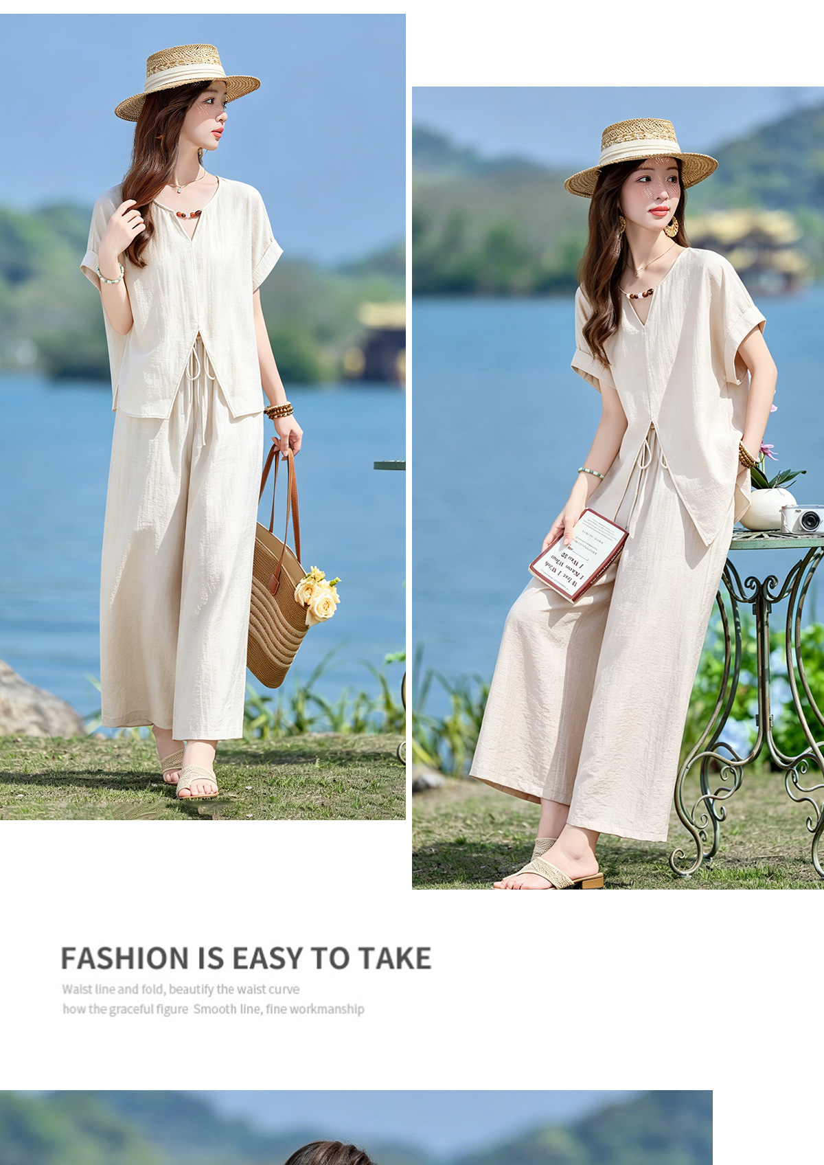 Bộ quần áo nữ hai mảnh gồm áo thun cổ V rộng và quần dài ống rộng phong cách tối giản — Cam đỏ, Màu cà phê nhạt, màu trắng ngà chi tiết 10
