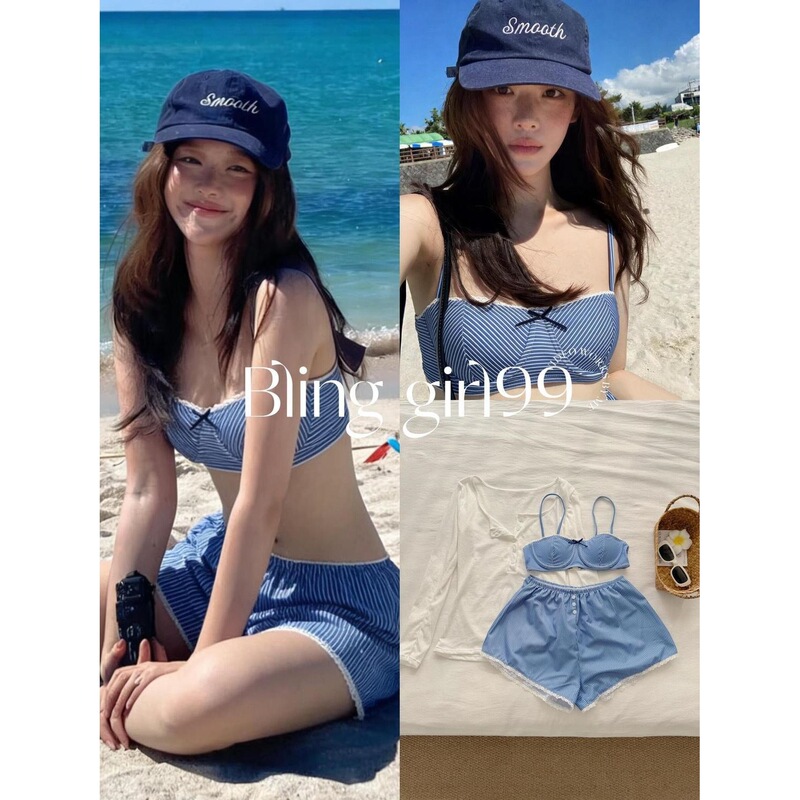 【Salt-Style Cocoa】French Retro Blue Striped Two-Piece Conservative Shorts with Small Bust Enhancement for Island Hot Spring Vacation