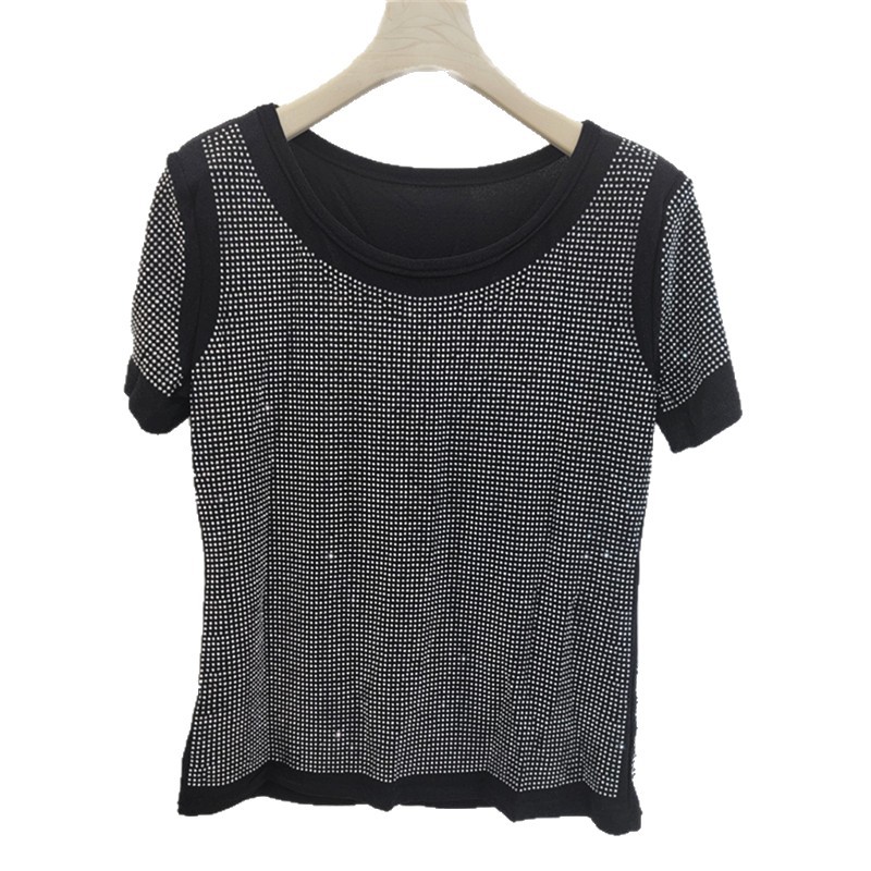2026 verano lleno de diamantes brillante camiseta de base de mangas cortas de alta elasticidad camiseta de moda delgada ropa de mujer image 5