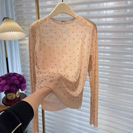 今年流行法式高JI感女装秋季高端轻奢钉珠祼色网纱天丝两件套衬衫