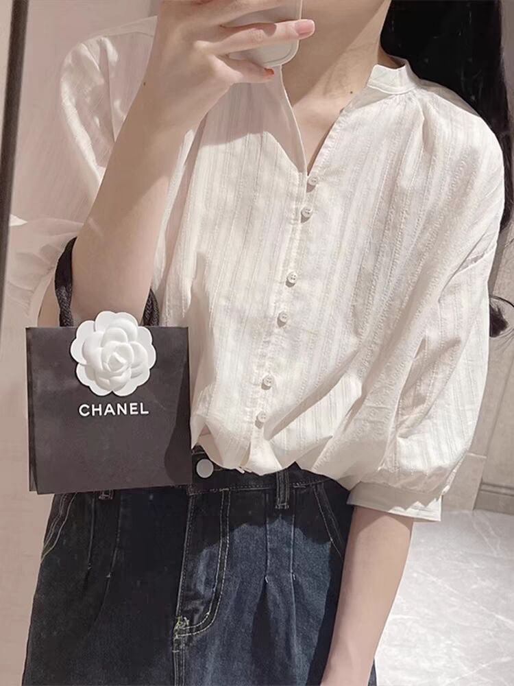 Áo sơ mi nữ tay bồng chất liệu cotton pha lanh kiểu Pháp — màu trắng