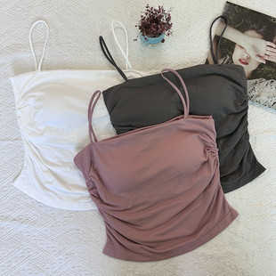 Pleated White Camisole Women's Summer Inner Wear with Breast Pads, Sweet Hot Girl Outer Wear, Slimming Look and Beautiful Back Sleeveless Top, Pure Desire
