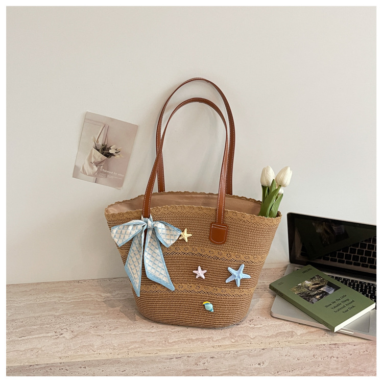 Storage Basket Bag, Rattan Handbag, Woven Shoulder Bag, Handmade Natural Rattan & Seagrass, Leather Trim, Eco-Friendly, Lightweight, Durable For Daily_voghion.com