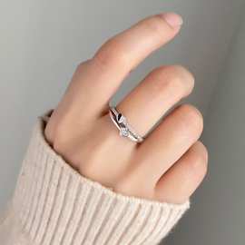 跨境新品s925纯银爱心形女款开口戒指个性镶钻锆石欧美流行手指环