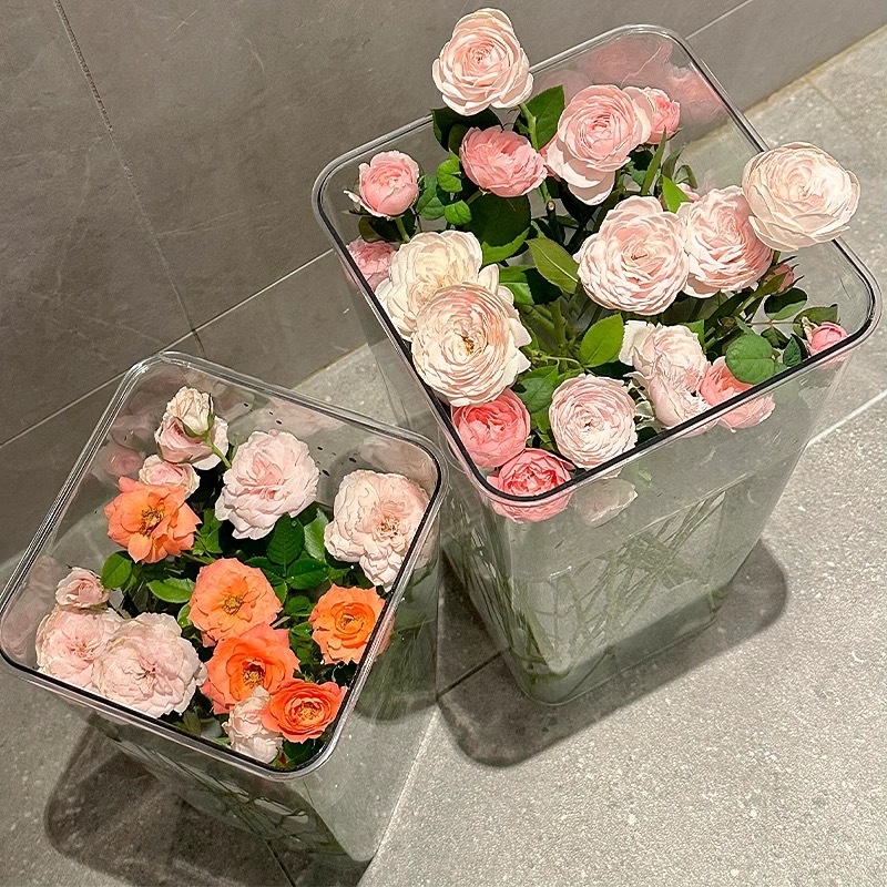 Ventas directas de fábrica Cubo de flores de despertar de acrílico Agua profunda Cubo alto Florería Florería Cubo de flores Plástico Grande Francés transparente