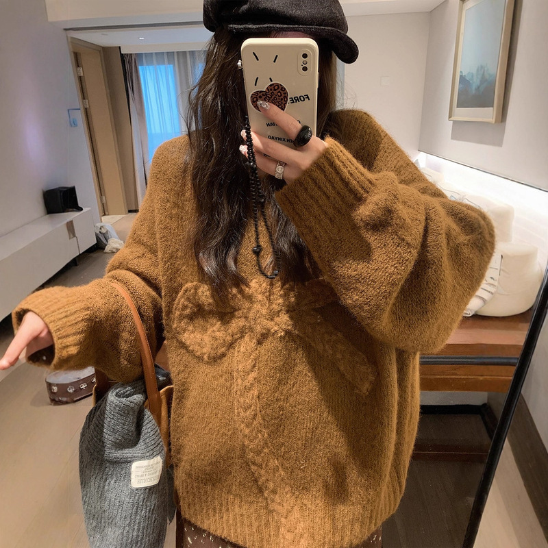 2025 Bow Sweater Women's Mohair Sweater Autumn and Winter Loose Lazy Round Neck Pullover Thickened Top