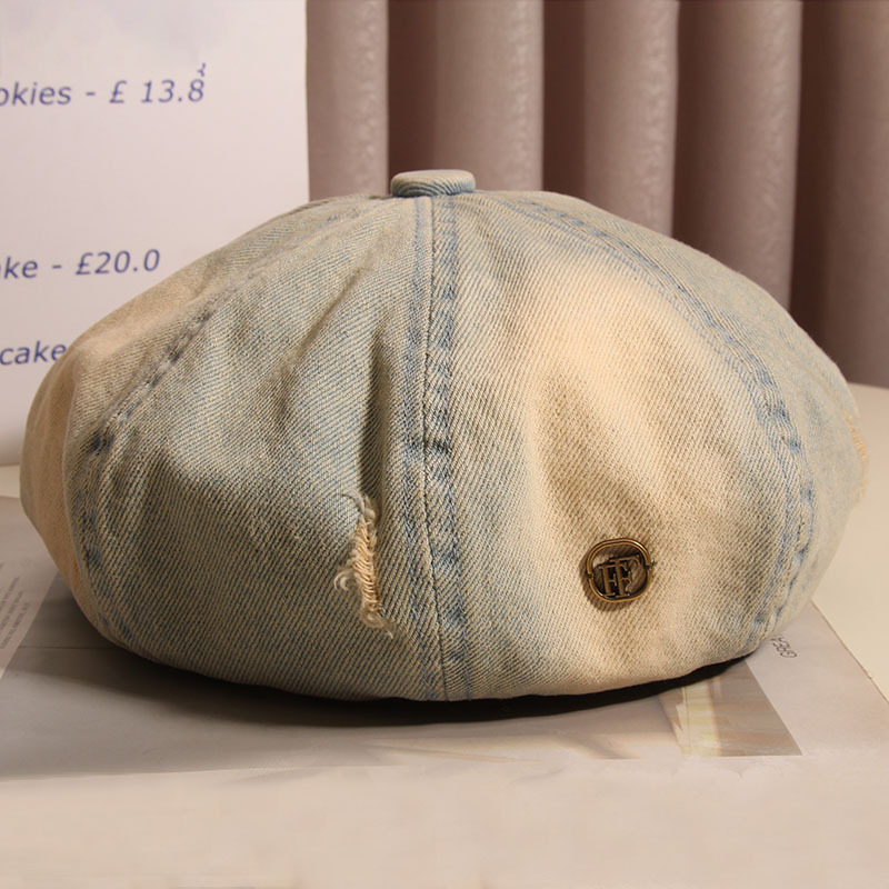 Hacer viejos agujeros agujeros sombrero de ocho ángulos mujer boina vaquero lavado primavera y verano red sombrero de nube retro muestra la cara pequeño sombrero pintor