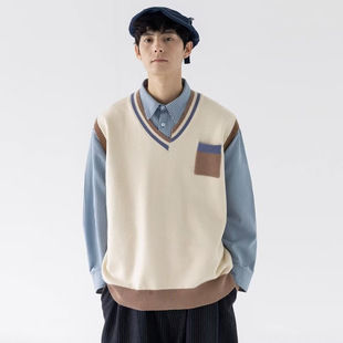 Autumn and Winter V-neck Sweater Vest Men's Japanese Fashionable Color-matching Stacked Waistcoat Loose Couple Knitted Shirt Vest