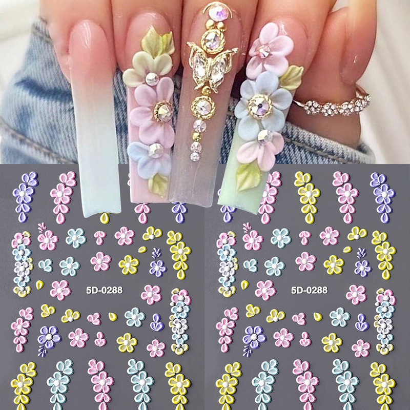5D three-dimensional embossed macaron flower nail stickers, vine flowers, Christmas snowman transparent adhesive nail stickers 5D three-dimensional embossed macaron flower nail stickers, vine flowers, Christmas snowman transparent adhesive nail stickers