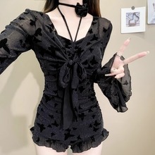 2025泳衣女款连体遮肉显瘦黑色蕾丝长袖罩衫性感绝美高级感泳装