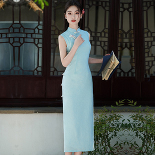 Spring and Summer 2025 New Chinese Style Imitation Tencel Long Vintage Cheongsam Women's Improved Slim Fit dress Double Layer