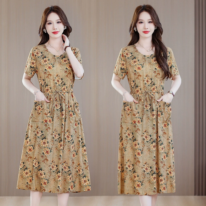 Внешняя торговля новое хлопковое шелковое платье летом большой размер, свободная толстая мама покрывает живот, тонкая повседневная цветочная длинная юбка