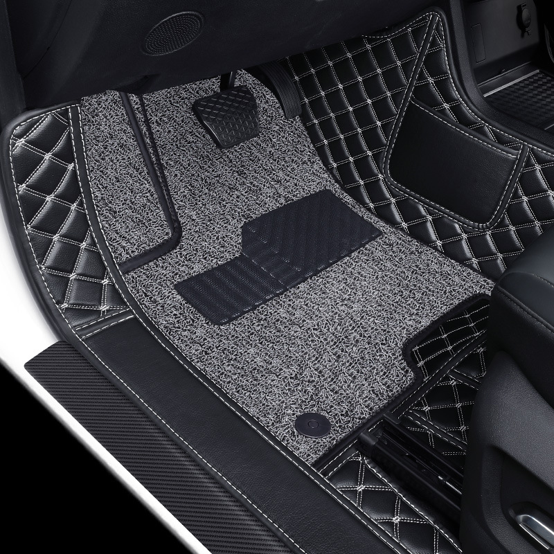 Shiyong Car floor mats, main and passenger, leather, full coverage (Universal Foot Pad) - driver-double-layer-black-gold-thread-black-gray-silk-ring