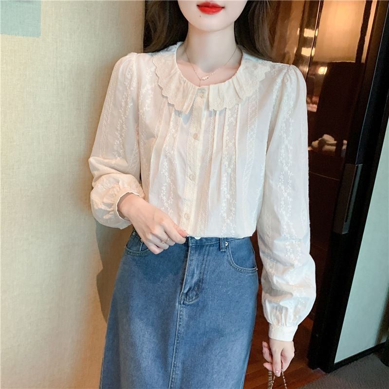 2025秋季新款内搭娃娃领长袖设计感显瘦甜美衬衫女打底上衣杏色|undefined