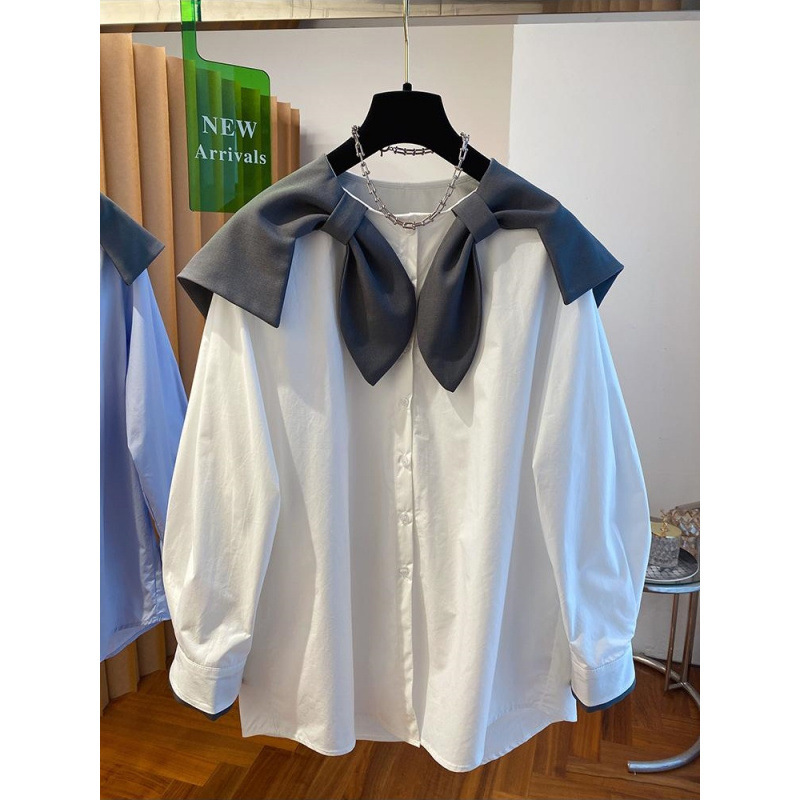 Design-Inspired Niche Bow Tie Sailor Collar Large Lapel Shirt for Women 2026 New Style Loose Age-Reducing Doll Collar Top
