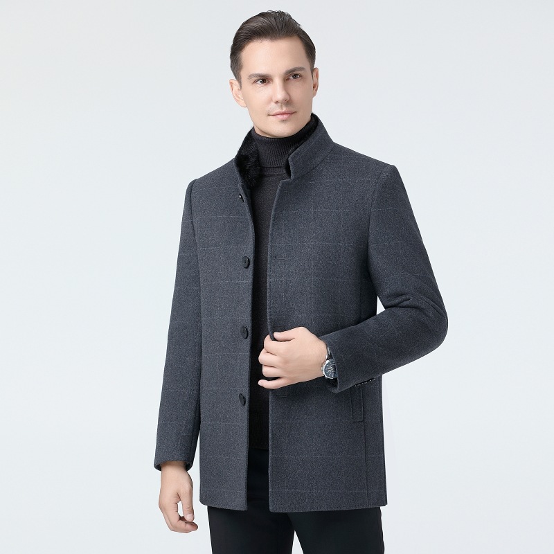 高档时尚男装高级双面羊绒大衣中长款水貂立领风衣爸爸羊毛呢外套