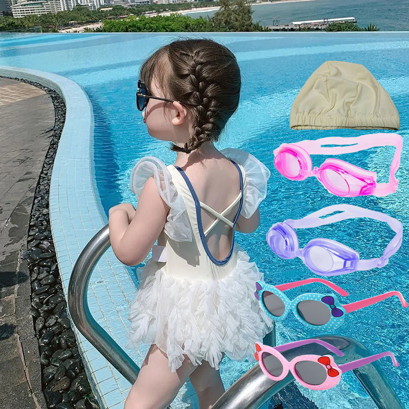 Trajes de baño de arroz blanco + sombrero de baño + gafas de sol + gafas de baño