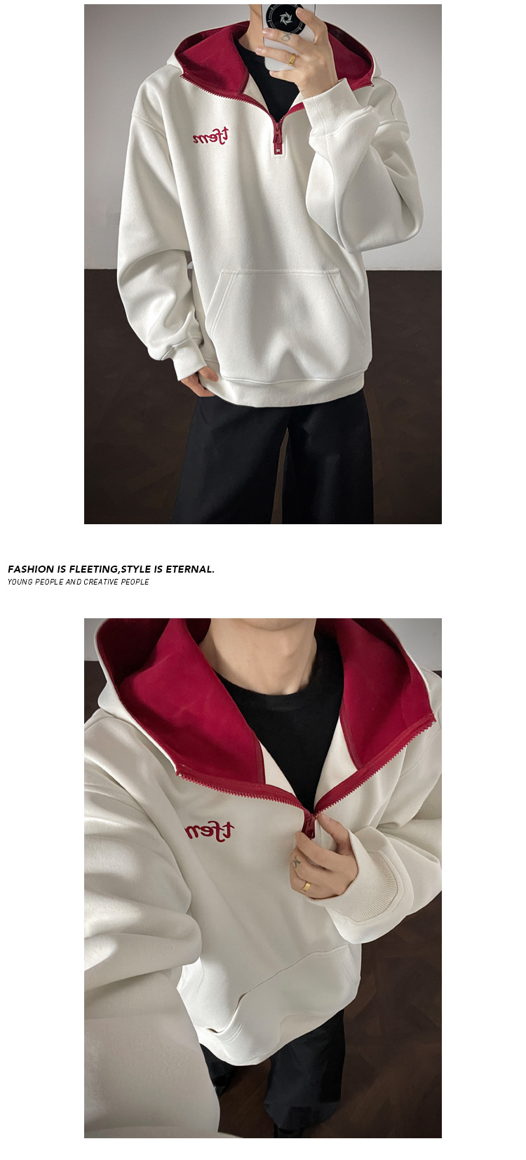 Felpa con cappuccio ricamata da uomo con zip in cotone pesante_voghion.com