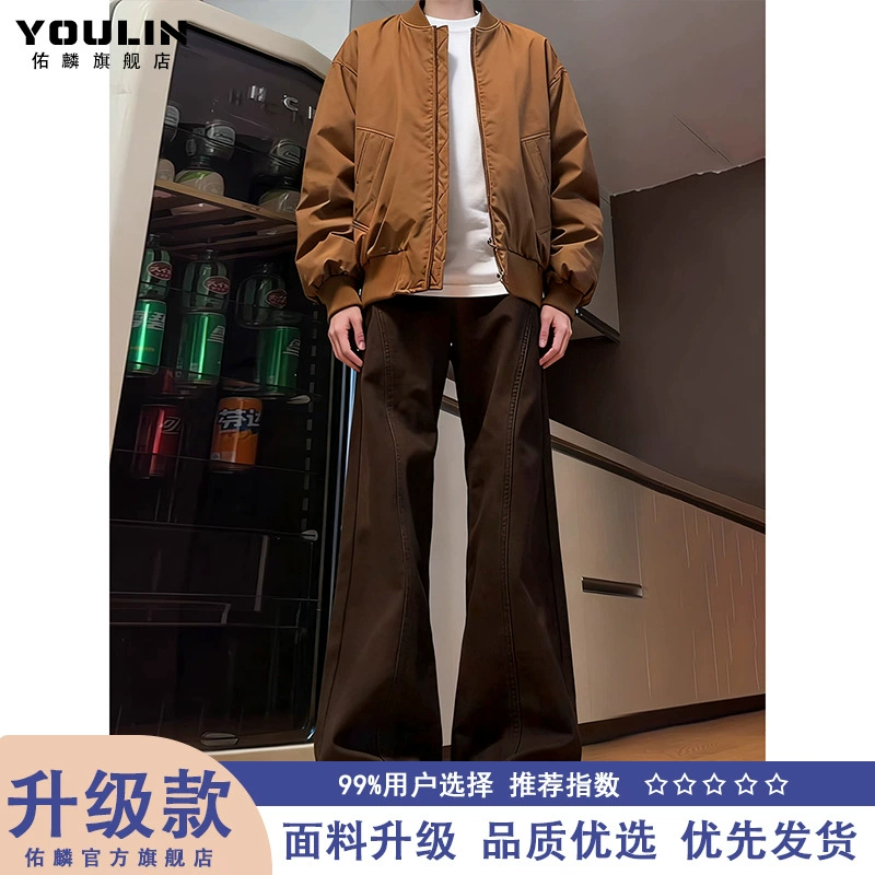 Colored fleece winter jeans, retro trousers, American style, loose straight fit