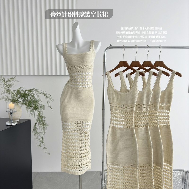 2026 Summer Korean Style Women's Cross-Border Shiny Sexy Hollow Out Long Dress Bodycon Glittery Spaghetti Strap Knitted Dress 8394