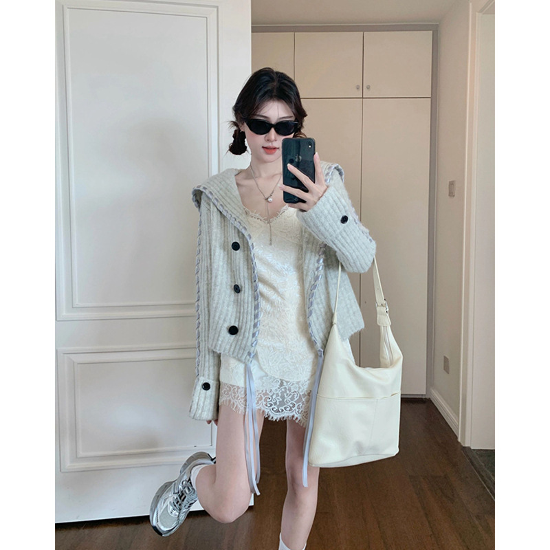 Korean Style Lazy Style High-End Wear Heavy Woven Design Sweater Jacket Navy Collar New Knitted Cardigan