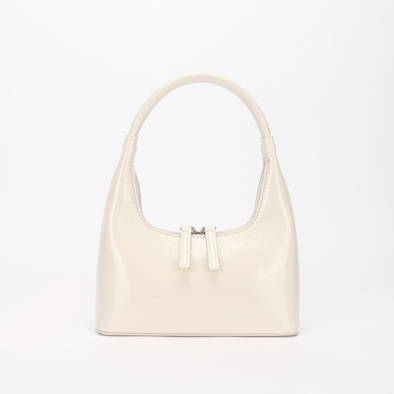 Women's 2022 New Niche Genuine Leather Hobo Bag French Vintage Patent Leather Underarm Bag Simple Handheld Baguette Bag - Thumbnail 6
