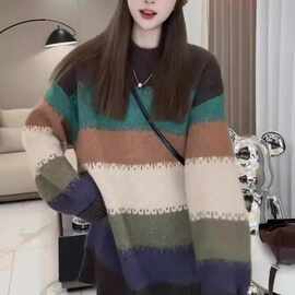 慵懒风软糯条纹毛衣女秋冬2025新款宽松韩版时尚百搭针织上衣外穿